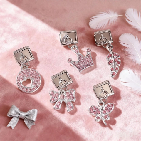 Italienisches Modulares Charm Link Rosa Strass Edelstahl DIY Armband Zubehör Stern Herz Schleife Krone Bär Elefant Schmuck Komponente