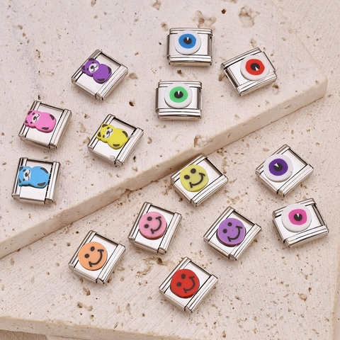 Stainless Steel Italian Charm Link Cute Cartoon Bear Smiley Face Eye Pattern Enamel DIY Jewelry Accessory For Bracelet