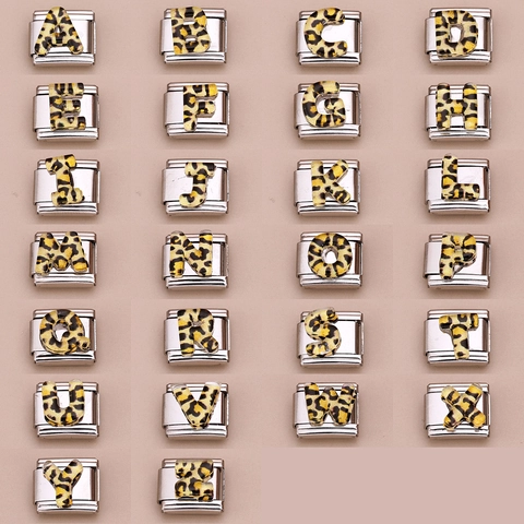 Roestvrij Staal Italiaanse Modulaire Charm Link Luipaardprint Alfabet Letter A-Z Voor DIY Armband Mode Sieraden Accessoire