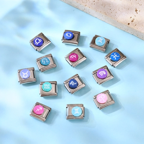 Stainless Steel Italian Charm Link Zodiac Sign DIY Modular Bracelet Enamel Star Sign Fashion Jewelry Making Accessory