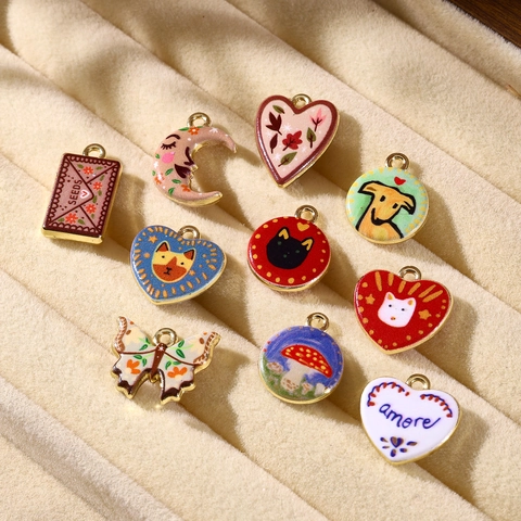 Vintage Hand-Painted Alloy Enamel Charms For Jewelry Making DIY Pendant Findings Cute Animal Floral Heart Shape Pendants