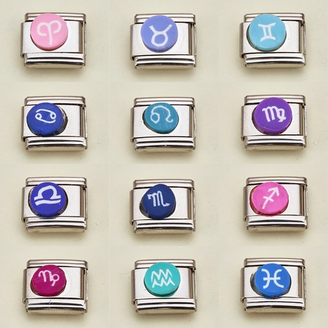 Stainless Steel Italian Charm Link Zodiac Sign DIY Modular Bracelet Enamel Star Sign Fashion Jewelry Making Accessory