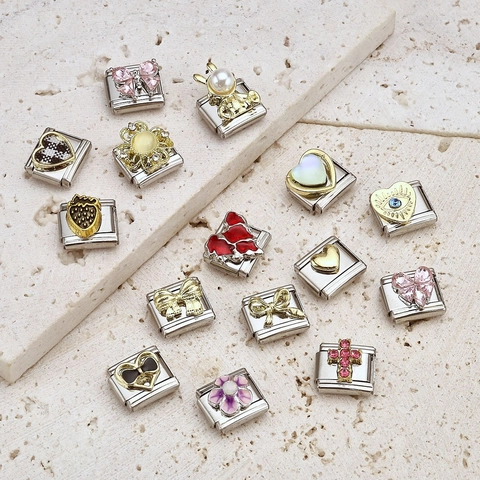 Stainless Steel Italian Charm Bracelet Links DIY Modular Jewelry Charms Heart Flower Cross Evil Eye Strawberry Link For Bracelet Making Women Accessories