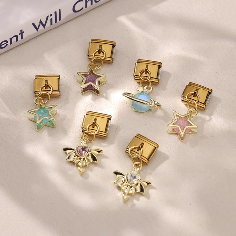 Stainless Steel Italian Charm Link Modular Bracelet Pendant For Women Gold Rhinestone DIY Jewelry With Star Heart Tools Shape