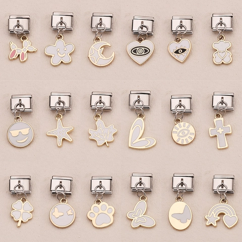 Stainless Steel Italian Charm Links For Bracelet DIY Modular Enamel Clover Cross Balloon Dog Flower Star Heart Pendant Jewelry Accessory
