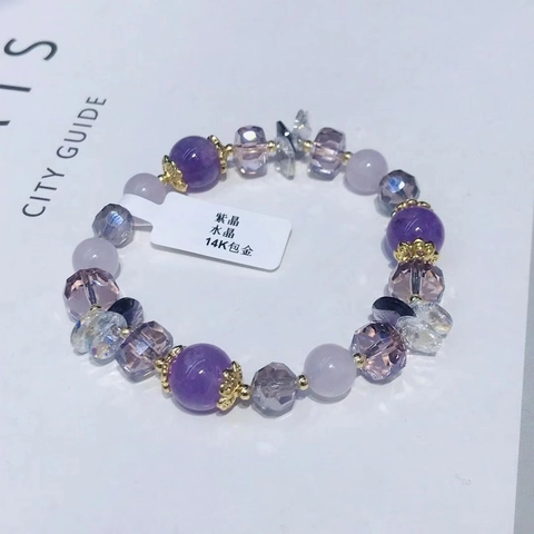 Elegant Amethyst Crystal Beaded Bracelet For Women 14K Gold Filled Accent Natural Stone Handmade Fashion Jewelry Gift