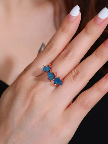 Natural Blue Crystal Raw Stone Open Ring For Women 18K Rose Gold Plated Adjustable Branch Style Jewelry Artistic Ring