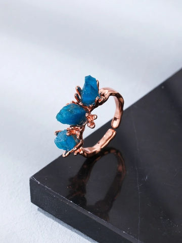 Natural Blue Crystal Raw Stone Open Ring For Women 18K Rose Gold Plated Adjustable Branch Style Jewelry Artistic Ring