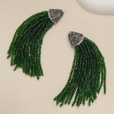 Ciondolo Vintage in Rame a Nappa Lunga Perline in Vetro Verde Smeraldo Cappuccio Triangolare Strass Per Collana Fai Da Te Donna