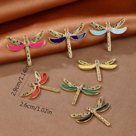 Ciondolo Libellula in Rame Placcato Oro 18K Smalto Colorato Zirconia Intarsiata Accessorio Gioielli Fai-da-te per Collana Orecchino