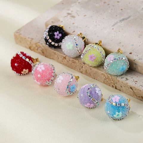 Colorful Sugar Round Candy Pendant DIY Resin Sphere Necklace Charm With 18K Gold Plated Copper Rhinestone Flower Accessories