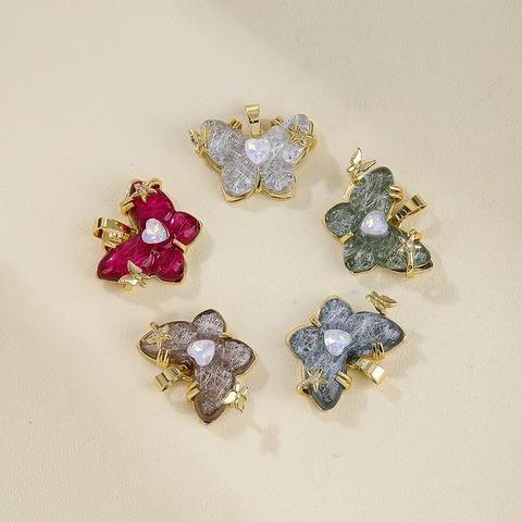 Collar de Colgante de Mariposa Textura Filamentosa Colorida Cobre Chapado en Oro 18K Ópalo Artificial de Corazón Joyería de Moda Mujer