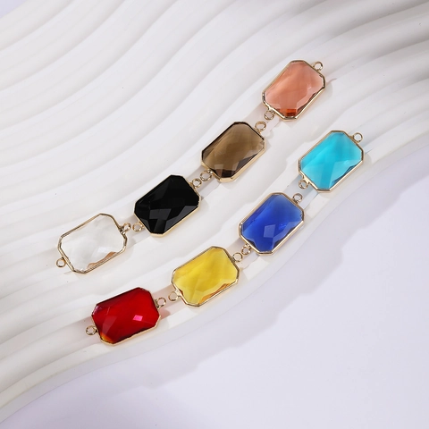 Rectangular Faceted Glass Connector Charms Gold Plated Copper Double Loop DIY Jewelry Making Components Accessory