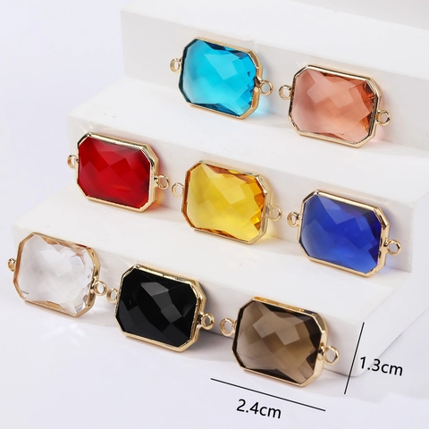 Rectangular Faceted Glass Connector Charms Gold Plated Copper Double Loop DIY Jewelry Making Components Accessory