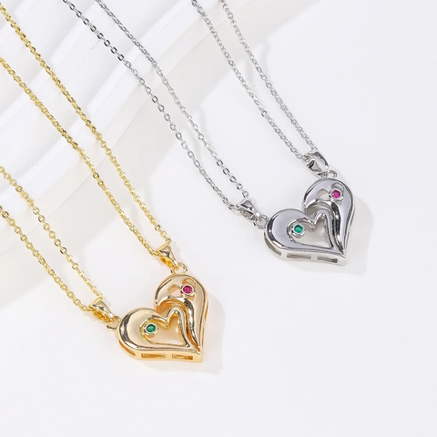 Copper 18K Gold Plated Magnetic Heart Couples Necklace Set With Red Green Zirconia Stones For Lovers Valentine Gift