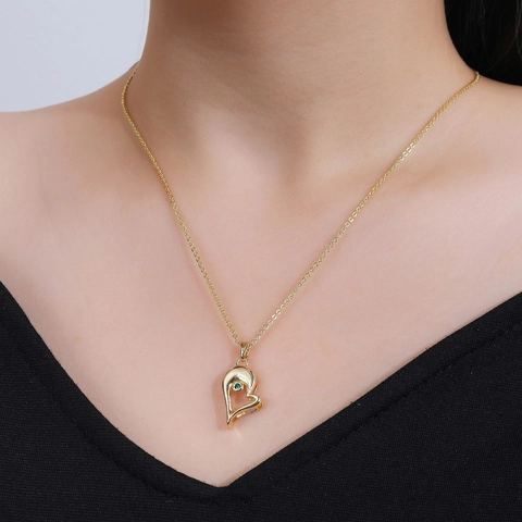 Copper 18K Gold Plated Magnetic Heart Couples Necklace Set With Red Green Zirconia Stones For Lovers Valentine Gift