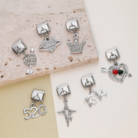 Stainless Steel DIY Italian Modular Charm For Bracelet Jewelry Heart Star Crown Number Zirconia Rhinestone Pendant Links