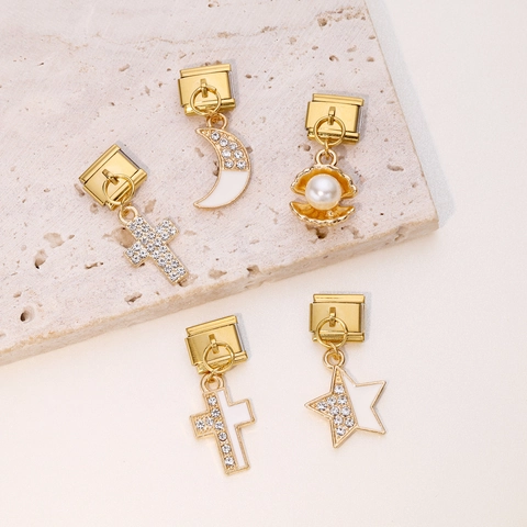 Ciondolo per Bracciale Modulare Stile Italiano Base in Acciaio Inossidabile Lega Zirconia Croce Luna Stella Pendenti DIY