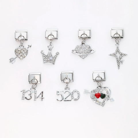 Stainless Steel DIY Italian Modular Charm For Bracelet Jewelry Heart Star Crown Number Zirconia Rhinestone Pendant Links