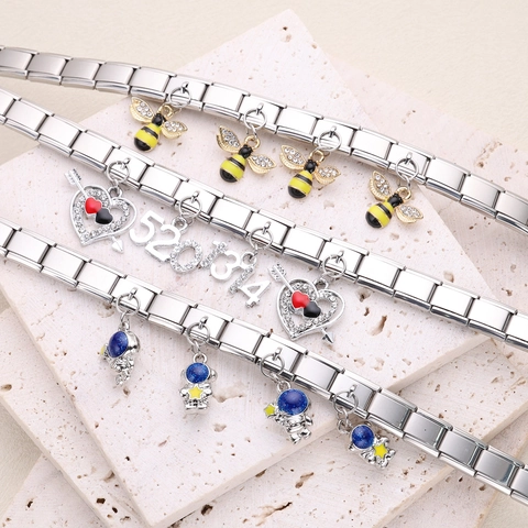 Stainless Steel Italian Charm Bracelet For Women Men Modular Link Bracelet Enamel Rhinestone Bee Astronaut Heart Pendant Jewelry