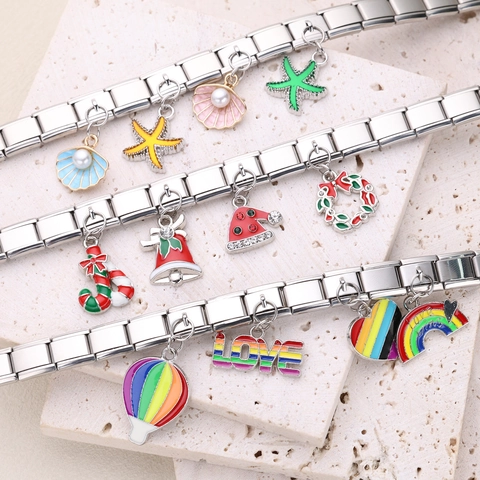 Stainless Steel Italian Charm Bracelet For Women Men Modular Link Bracelet Enamel Rhinestone Bee Astronaut Heart Pendant Jewelry