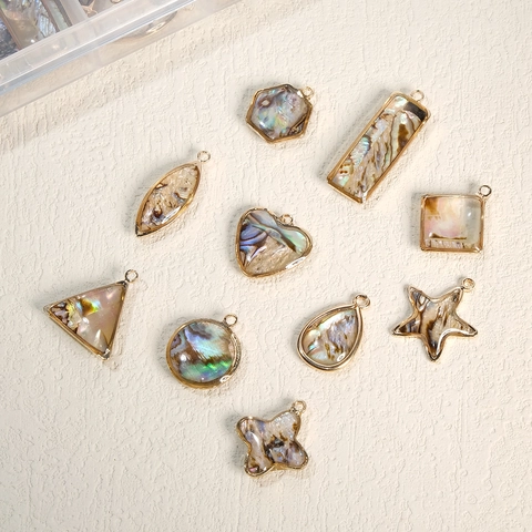 Natural Abalone Shell Geometric Pendant Gold Plated Copper For DIY Necklace Earring Making Heart Star Round Shell Jewelry Charm