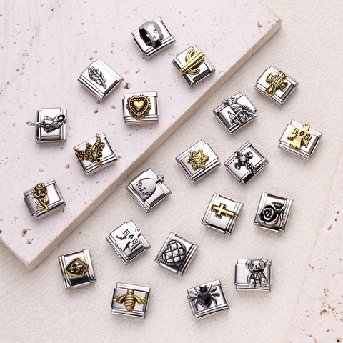 Retro Stainless Steel Italian Charm DIY Modular Bracelet Links Cross Rose Bear Heart Spider Rhinestone Jewelry Charms Accessories