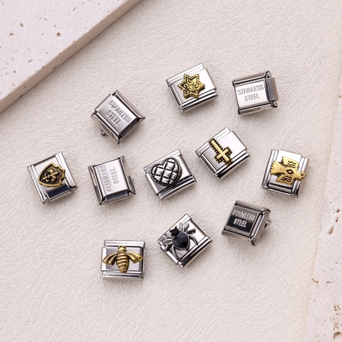 Retro Stainless Steel Italian Charm DIY Modular Bracelet Links Cross Rose Bear Heart Spider Rhinestone Jewelry Charms Accessories