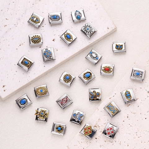 Vintage Edelstahl Italian Charm Links Retro Emaille Blume Eule Geometrische Muster DIY Modulares Armband Zubehör Schmuckherstellung