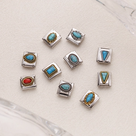 Italiaanse Charm Armband Schakels Roestvrij Staal Geometrisch Turkoois Rode Steen Inlay Vintage DIY Sieraden Maken Charms