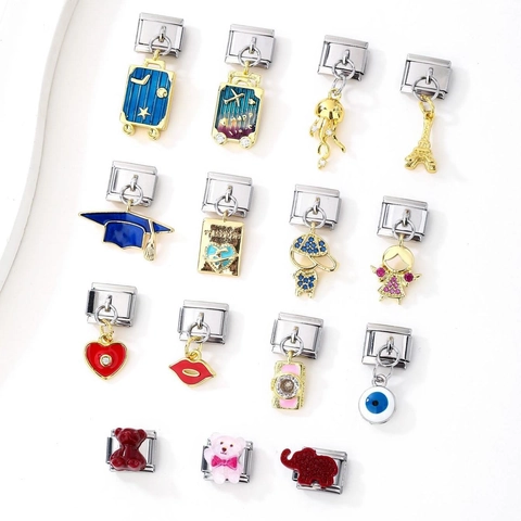 Italian Charms Stainless Steel Modular Links DIY Bracelet Pendants Travel Theme Heart Suitcase Eiffel Tower Rhinestone Enamel Jewelry Accessories