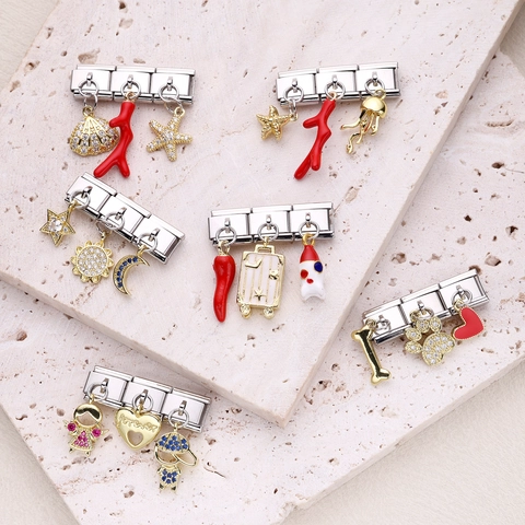 Dijes Modulares Italianos de Acero Inoxidable para Pulsera Eslabones de Cobre Esmalte Strass Tema Viaje Animal Mar Accesorios DIY