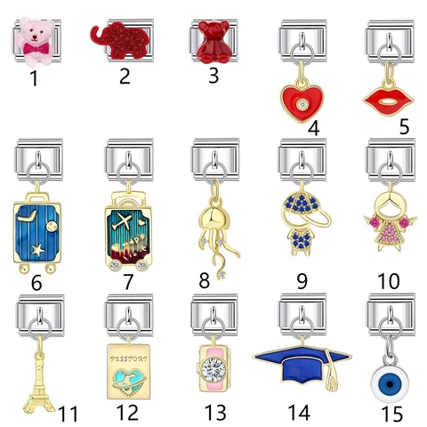 Italian Charms Stainless Steel Modular Links DIY Bracelet Pendants Travel Theme Heart Suitcase Eiffel Tower Rhinestone Enamel Jewelry Accessories
