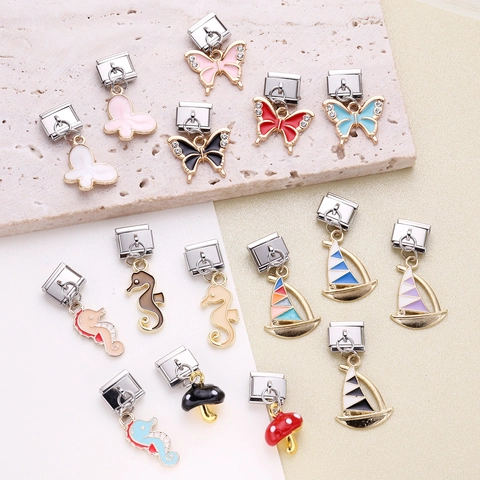 Stainless Steel Italian Charm Link Pendants Enamel Butterfly Sailboat Seahorse Mushroom For DIY Bracelet Jewelry Making