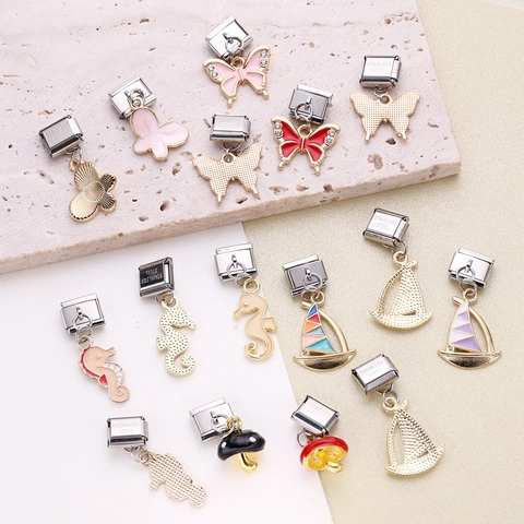 Stainless Steel Italian Charm Link Pendants Enamel Butterfly Sailboat Seahorse Mushroom For DIY Bracelet Jewelry Making