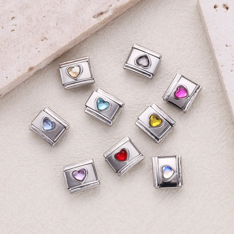 Ανοξείδωτο Ατσάλι Italian Charm Links Σχήμα Καρδιάς Στρας Modular DIY Αξεσουάρ Βραχιολιού Μόδα Κοσμήματα