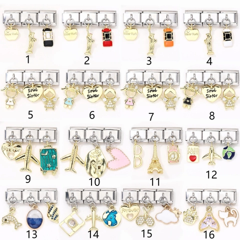 Italian Charms DIY Bracelet Link Modules Stainless Steel Base Copper Pendants Travel Theme Statue Of Liberty Heart Airplane Fashion Jewelry Accessories