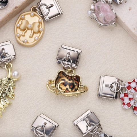 Stainless Steel Italian Charm Link Heart Four Leaf Clover Starfish Feather DIY Modular Bracelet Accessories For Women Jewelry