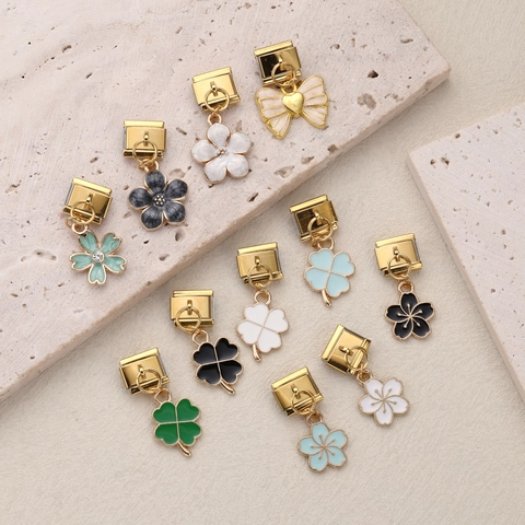Stainless Steel Italian Charm Bracelet Link With Gold Plated Enamel Clover Flower Butterfly Pendant For DIY Jewelry Making Accessory