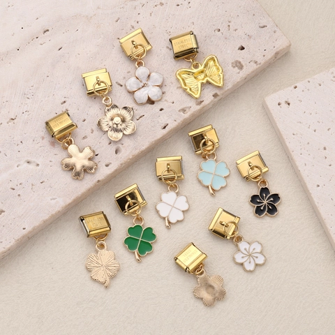 Stainless Steel Italian Charm Bracelet Link With Gold Plated Enamel Clover Flower Butterfly Pendant For DIY Jewelry Making Accessory