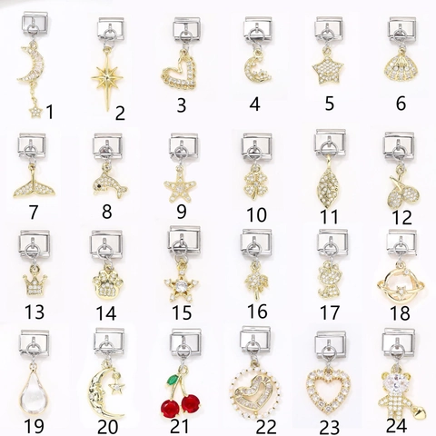 Edelstahl Italienisches Charm Armband Zubehör 18K Vergoldeter Zirkonia Anhänger DIY Schmuckherstellung Verbinder Für Damen