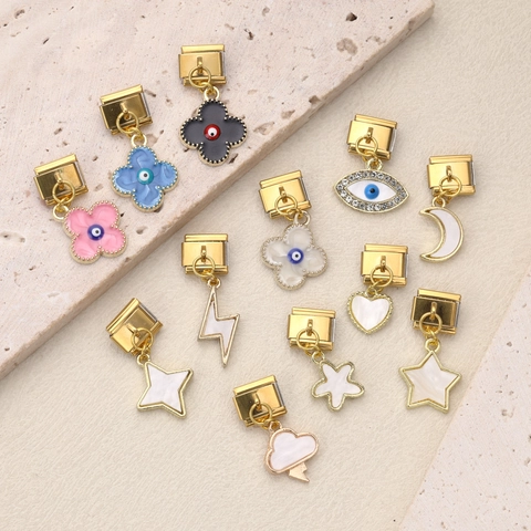 Stainless Steel Italian Charm Link Pendants Gold Plated Star Moon Clover Heart Evil Eye DIY Jewelry Making Bracelet Accessories For Women
