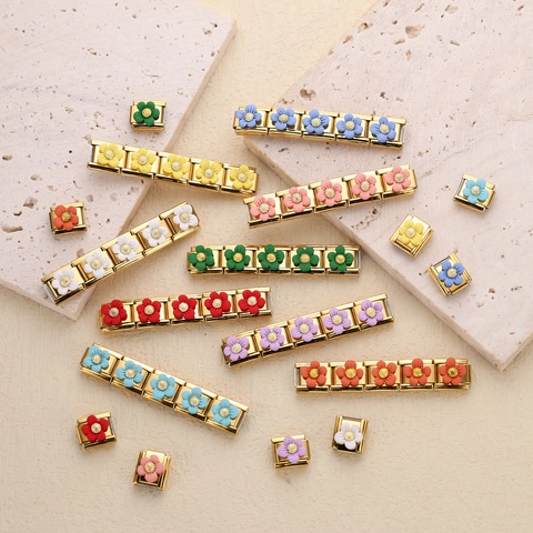 Stainless Steel Italian Charm Bracelet Link Daisy Flower DIY Jewelry Component Plated Enamel Floral Charm For Personalized Bracelet Link