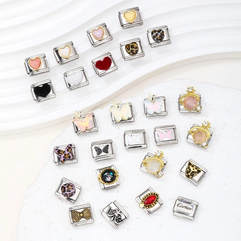 Roestvrij Staal Italian Charm Links Voor DIY Armband Sieraden Maken Vlinder Hart Luipaardpatroon Modulaire Armband Component