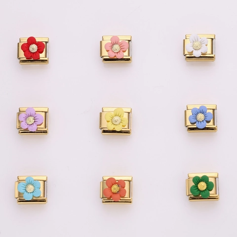 Stainless Steel Italian Charm Bracelet Link Daisy Flower DIY Jewelry Component Plated Enamel Floral Charm For Personalized Bracelet Link