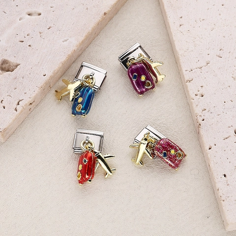 Lien Charm Italien en Acier Inoxydable Thème Voyage Global Or Avion Globe Appareil Photo Valise Pendentif DIY Bijou