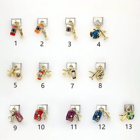 Lien Charm Italien en Acier Inoxydable Thème Voyage Global Or Avion Globe Appareil Photo Valise Pendentif DIY Bijou