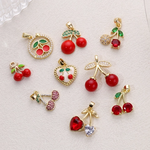 Sweet Copper Cherry Pendant Rhinestone Artificial Pearl Fruit Charms For DIY Necklace Bracelet Personalized Jewelry Making Accessories