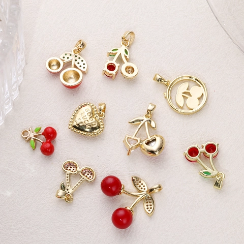 Sweet Copper Cherry Pendant Rhinestone Artificial Pearl Fruit Charms For DIY Necklace Bracelet Personalized Jewelry Making Accessories
