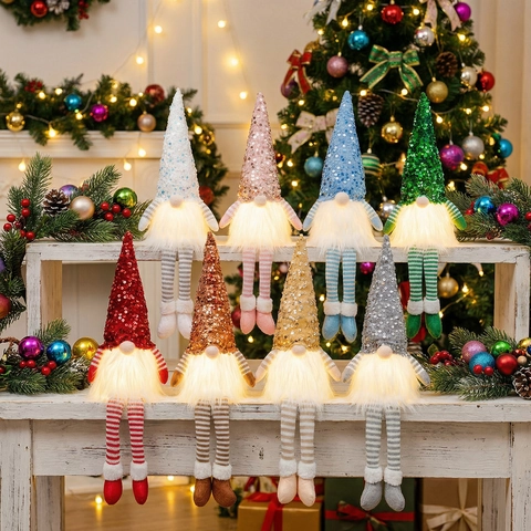 LED Leuchtende Weihnachten Gnom Ornament Mit Pailletten Hut Lange Gestreifte Beine Skandinavische Tomte Nisse Dekoration